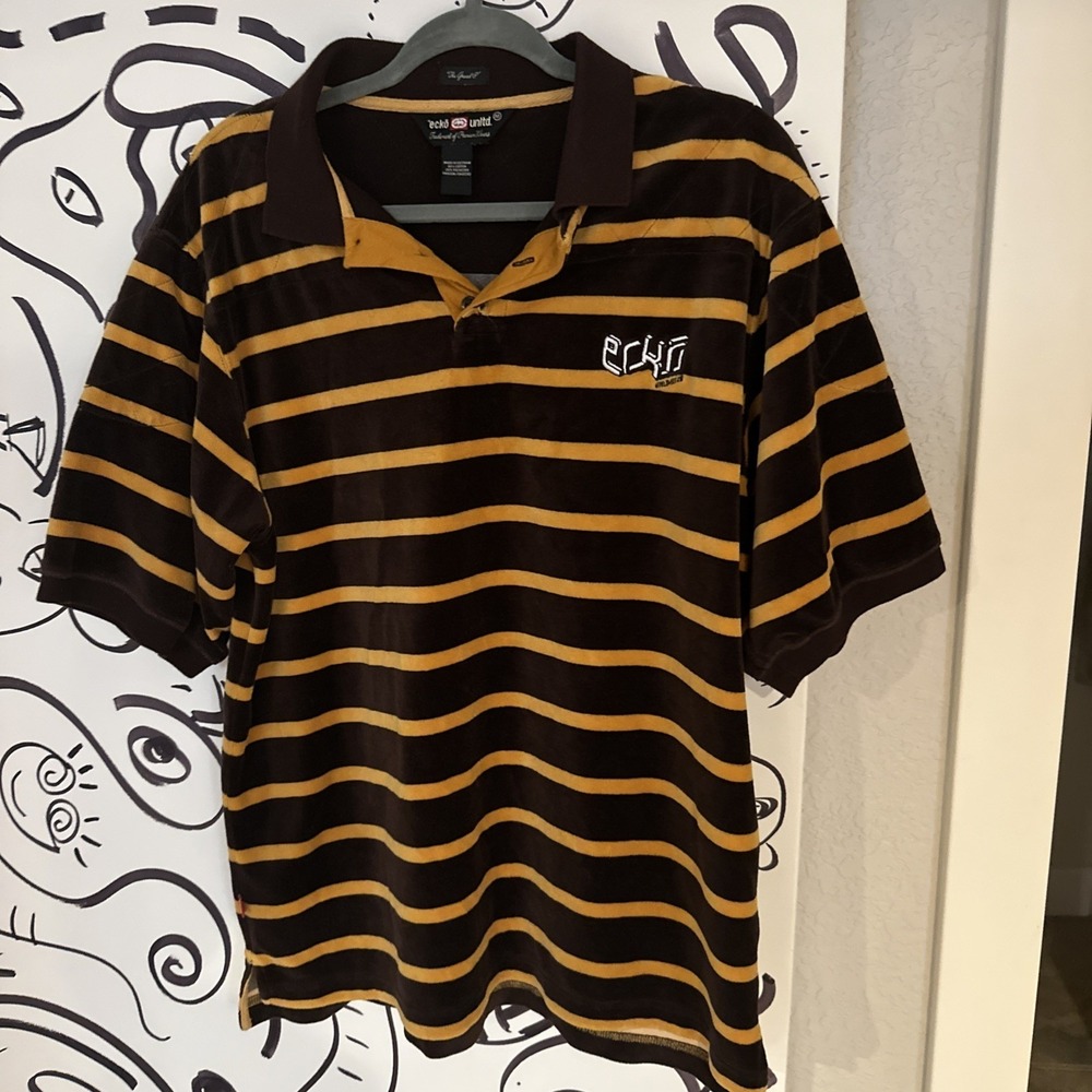 Vintage 90's Y2K ECKO Brown Striped Velour/Velvet Pullover Polo Shirt - Size Med